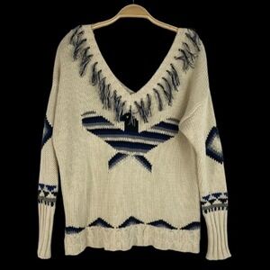 Chasor‎ Fringe Southwestern Sweater Women S Cream Navy Boho Western Pioneer Knit